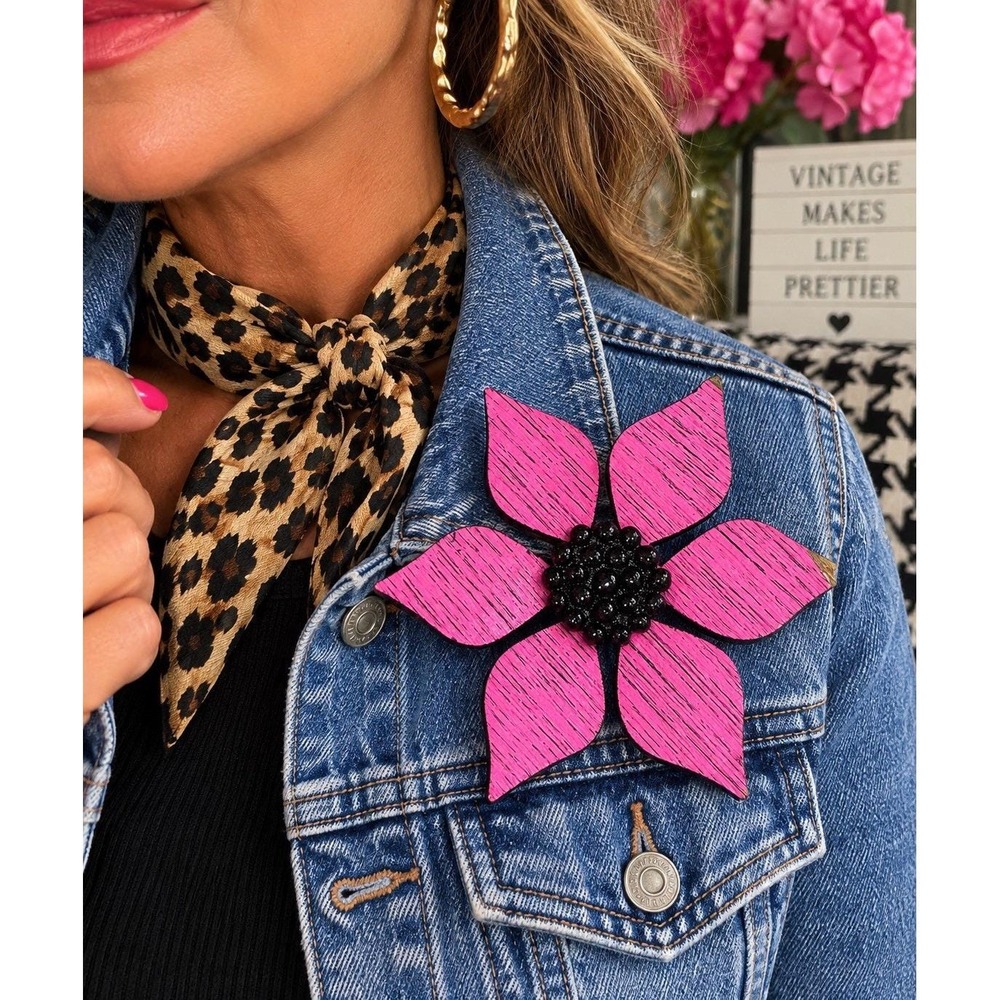 VTG Handmade XL Pink Flower Brooch 3.75" Wood Folk Art Statement Pin Maximalist